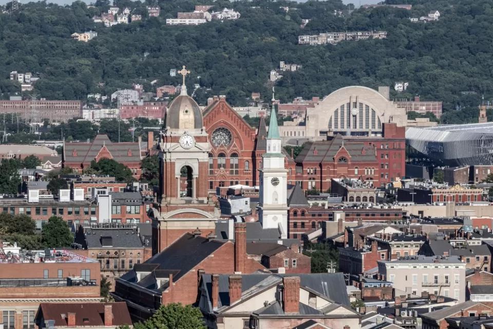 A view over the tops of the historic brick buildings of Cincinnati.